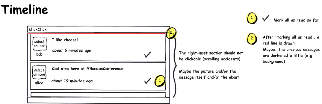 Wireframe of a fake timeline with messages and side-notes